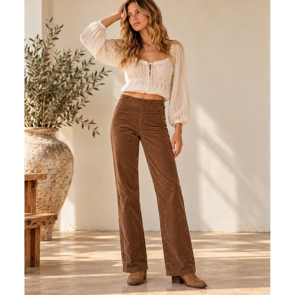 Free People Corduroy Pull On Boho Retro Pants Brown Sz XS Side Zip